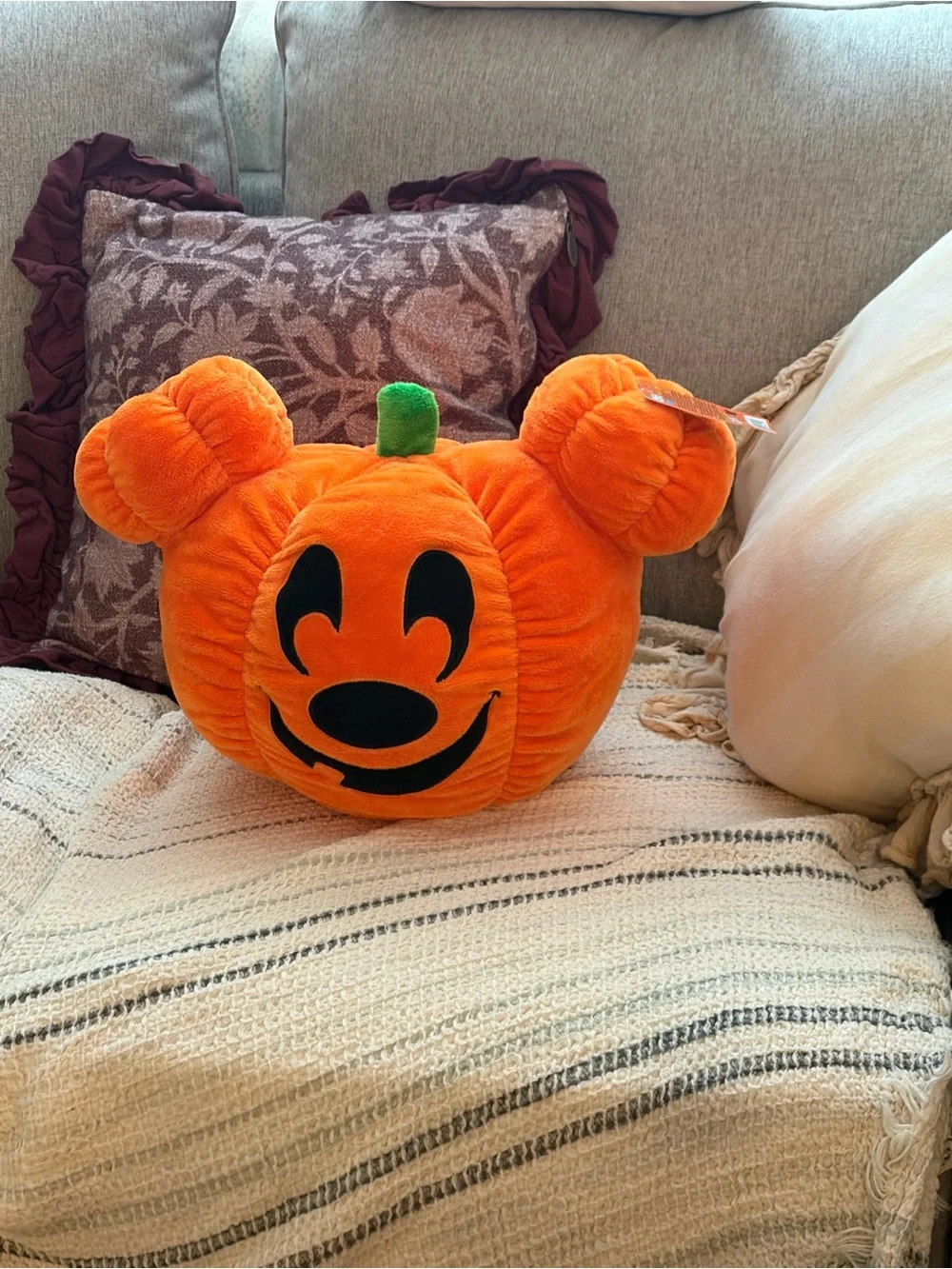 New Disney Orange Plush Pumpkin Mickey Accent Pillow with Green Stem